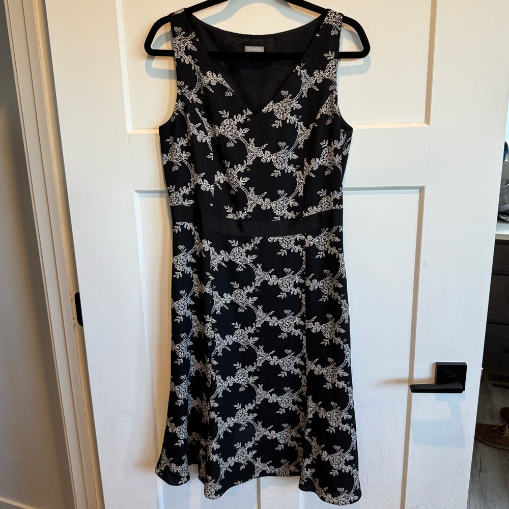 EUC Ann Taylor Silk Black Midi Dress with White Floral Pattern
